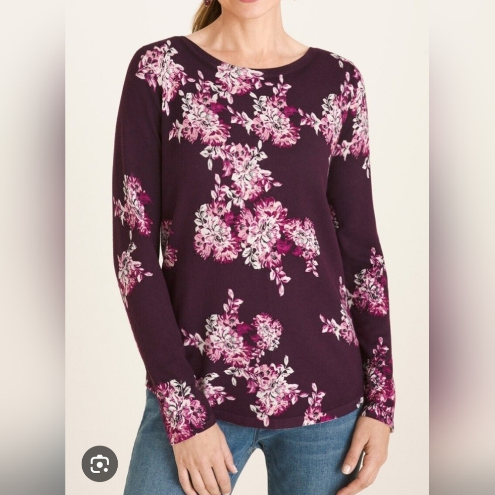 Chico's Simply Floral Baateau Misses Long Sleeve Sweater Top EUC Size M